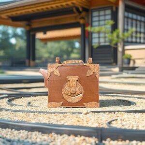 Yixing Zisha Teapot: Terracotta Box-Shaped Asian Pottery with Brass Handle